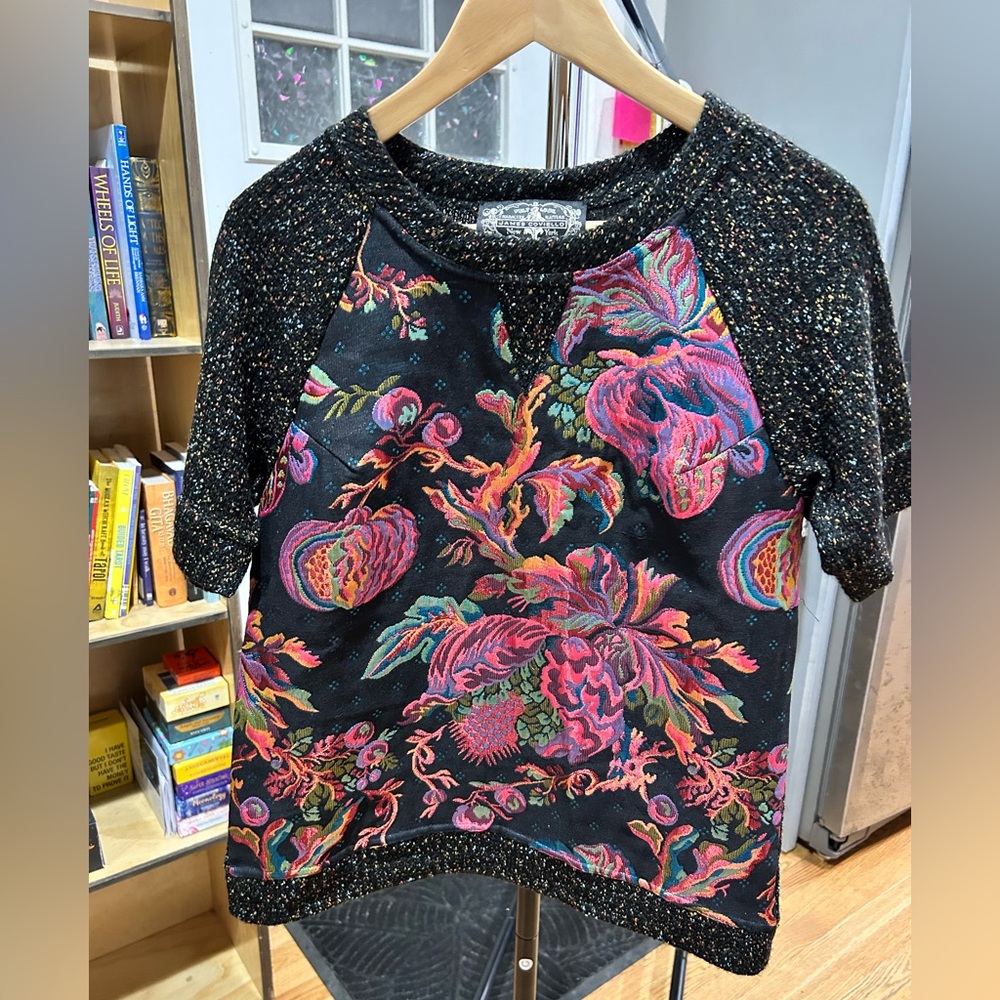 NWOT Anthropologie Knit Black Top with Colorful Floral metallic Design